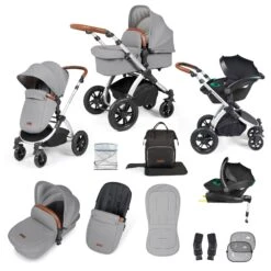 Ickle Bubba Stomp Luxe All-in-One Travel System With Isofix Base - Silver/Pearl Grey/Tan
